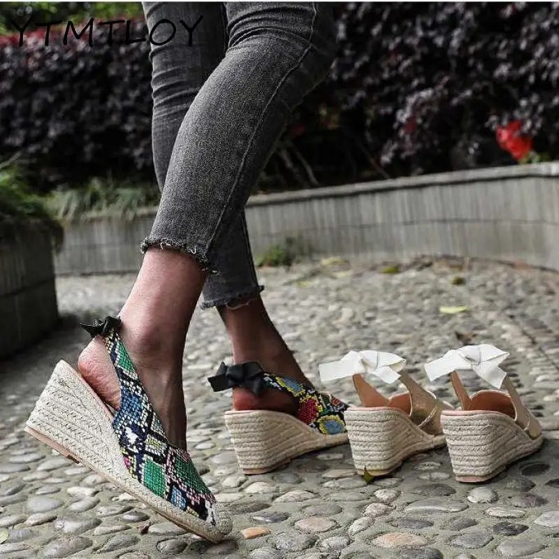 2021 Slope Heel Women Sandals Summer Fashion Buckle Snake Print Solid Casual Office Party Wedding Shoes Large Size Ladies Sandal | Обувь