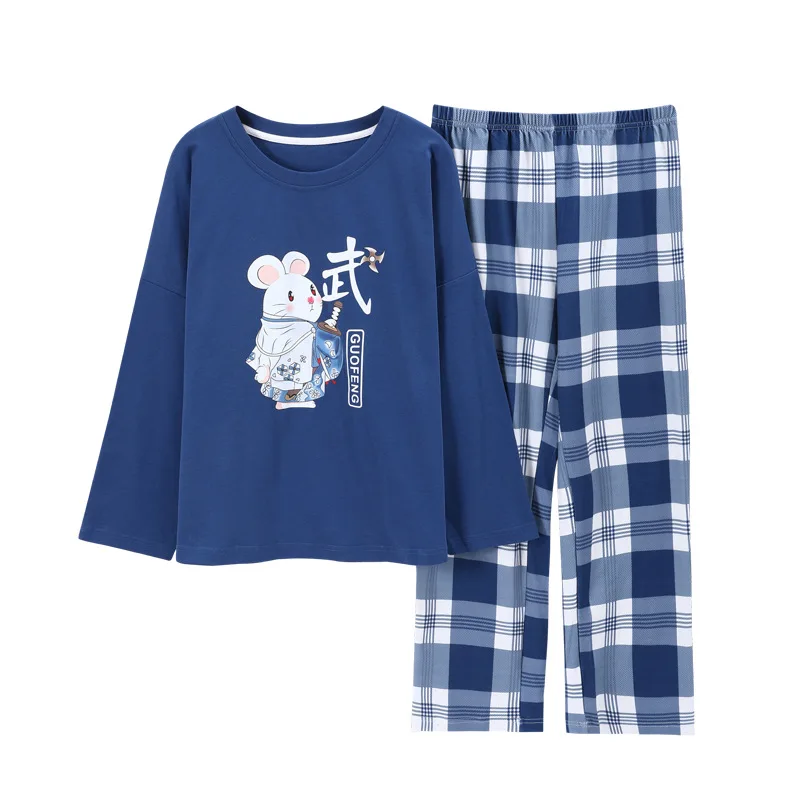 

Winter Keep Warm Sleepwear Set for Women Cute Blue Little Mouse Print Pajama Casual Cotton Home Wear Plaid Trouser Pocket Pijama