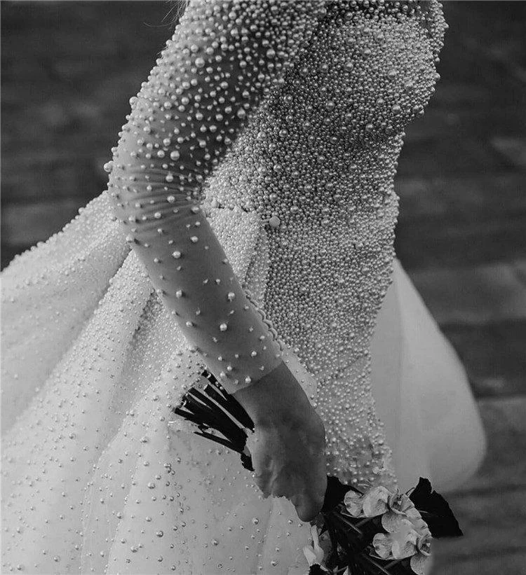 Luxury Full Pearl Beaded Saudi Arabic Mermaid Wedding Dresses 2020 With Detachable Train Long Sleeves Plus Size Bridal Gown
