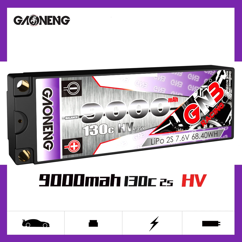 

Gaoneng GNB 9000mAh 2S 7.6V 130C/240C 6.0mm Bullet Hardcase LiHV LiPo Battery Pack With XT60 T Plug For 1:10 1/10 RC Car Boat