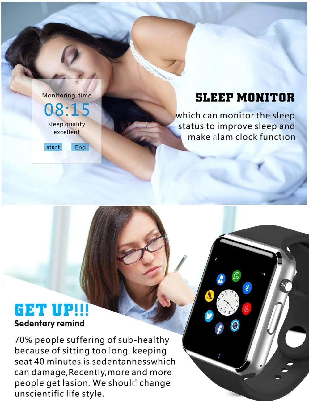 A1 наручные часы Bluetooth Смарт спортивные Шагомер с сим-камерой Smartwatch для Android |