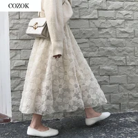 harajuku skirts women 2021 kawaii elastic waist floral jarquard sequins midi mesh black long skirt white korean fashion clothing