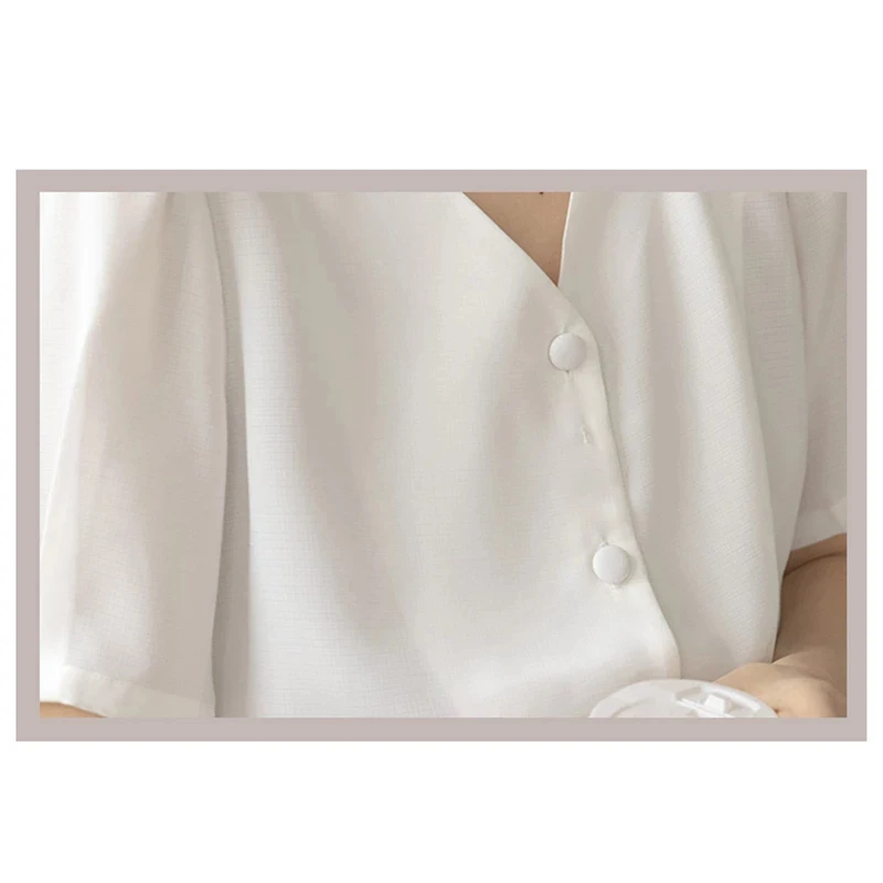 

White Chiffon Shirt Female V-Neck Retro Women Blouse Summer Elegant Short Sleeve Tops Plus Size Puff Sleeve Shirts