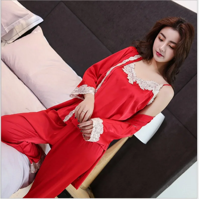 Сексуальные осенние пижамы из трех частей женские шелковые брюки халат домашний