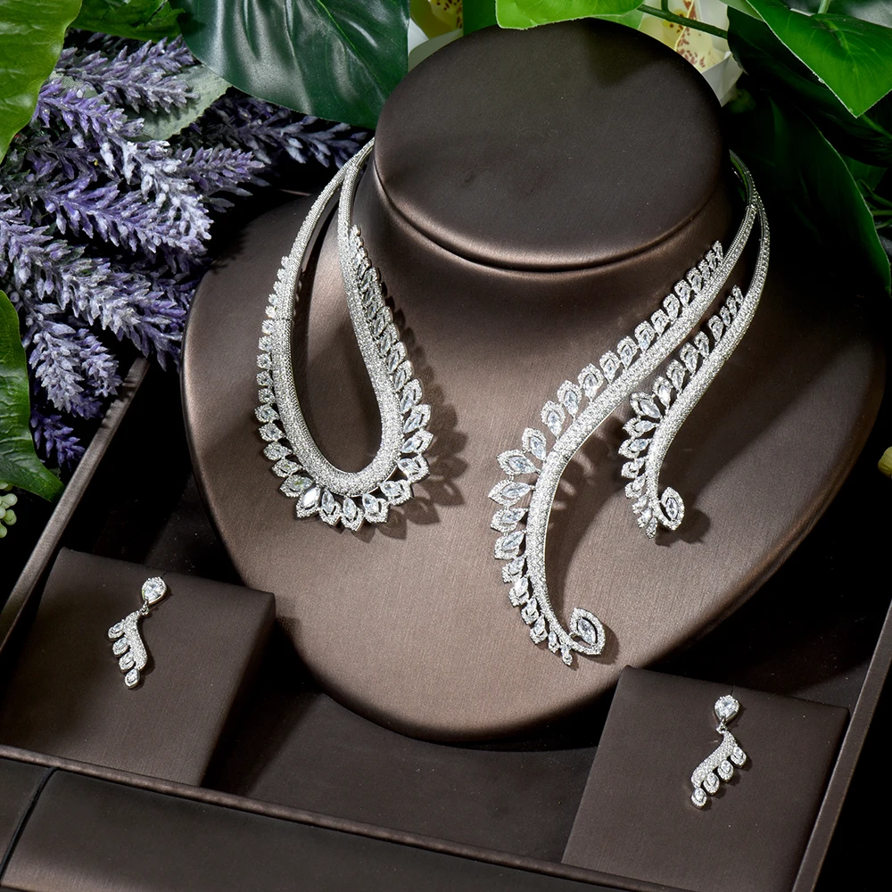 HIBRIDE Luxury 2PCS Feather Chokers Jewelry Sets For Women Wedding Cubic Zirconia CZ Dubai Bridal Jewelry Set Dance Party N-1655