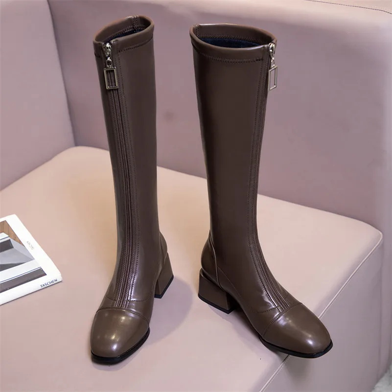 

Meotina Med Heel Knee High Boots Women Square Toe Riding Boots Thick Heel Long Boots Zipper Ladies Shoes Autumn Winter Brown 43