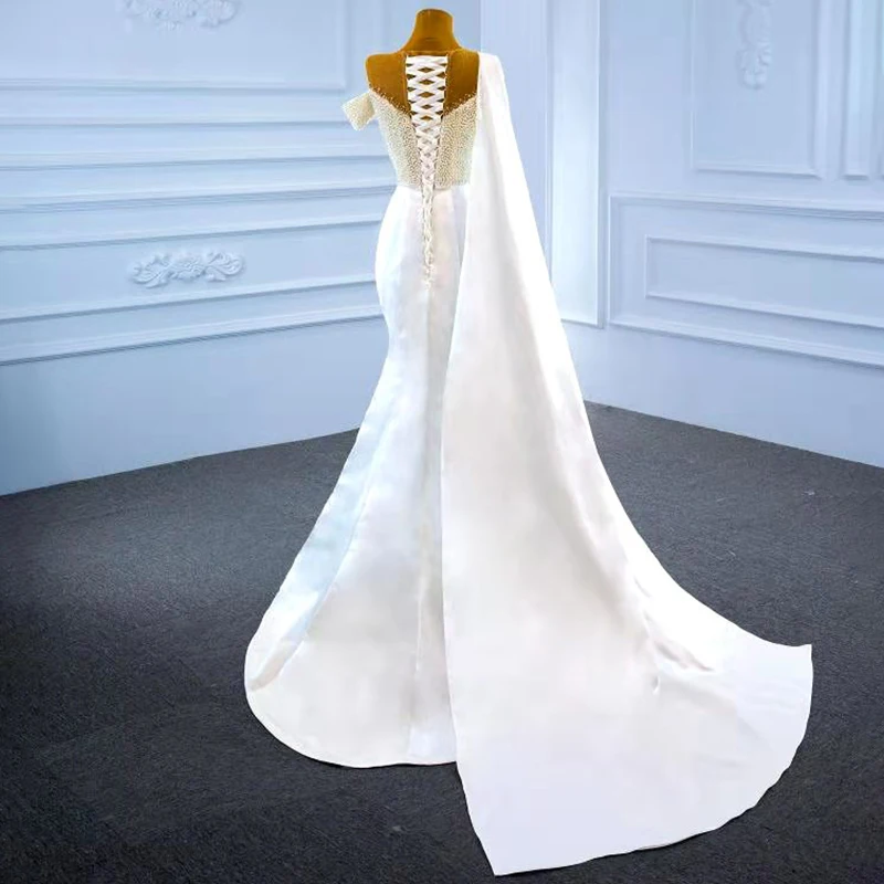 RSM67238 Elegant Slim-fit White One-shoulder Short-sleeved Fishtail Banquet Party Dress 2021 Beaded Deep V-neck Floor Dress