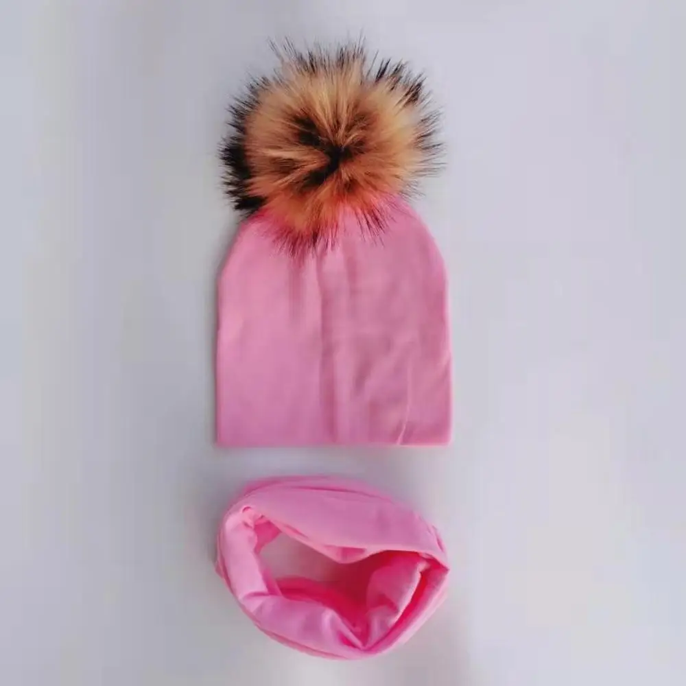 2 pink Детская шапка с помпонами, осенне-зимние детские шапки для девочек и мальчиков, детская шапочка, шапка с воротником, шарф, комплект, детская шапка, реквизит для фотосессии - Цвет: 2 pink