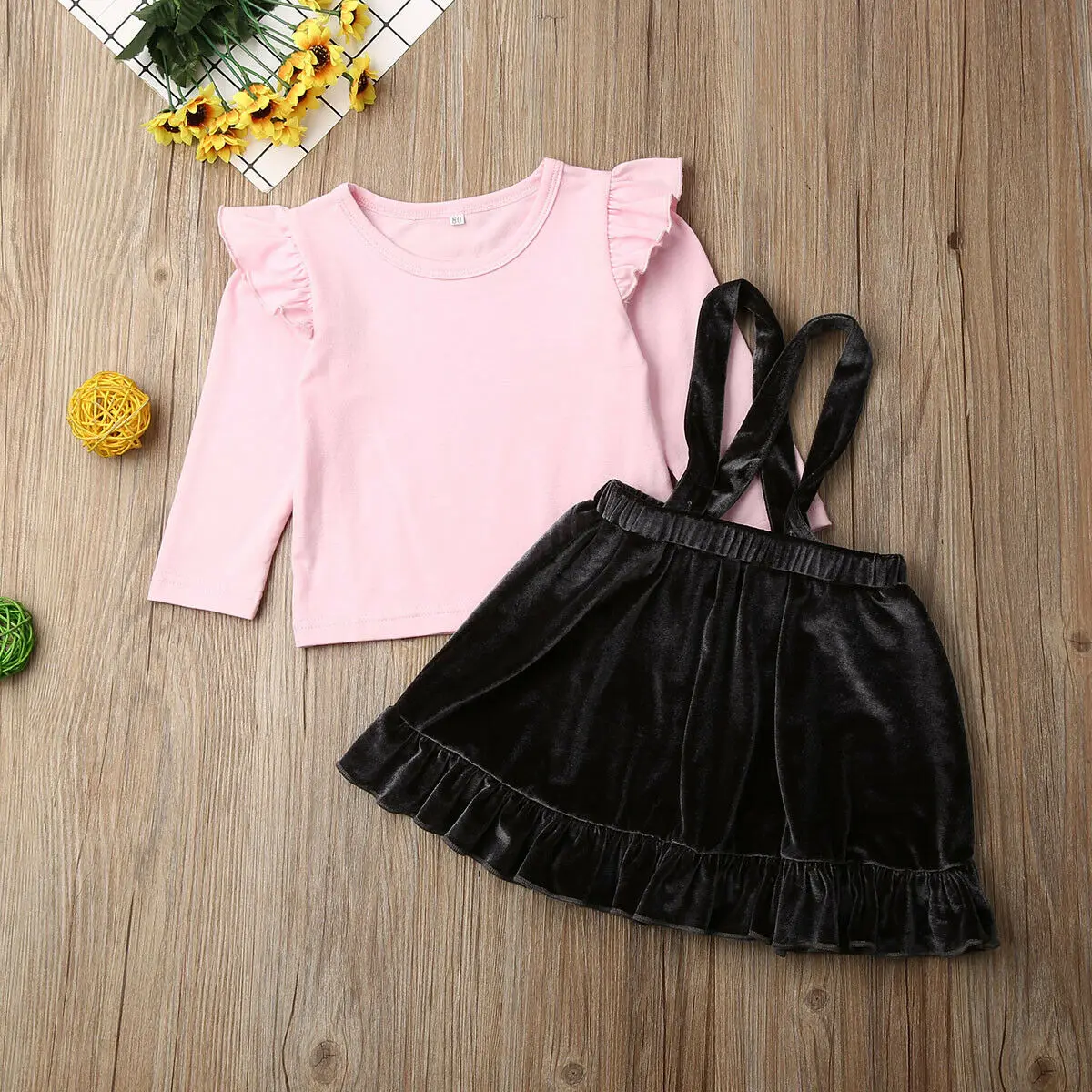 2 предмета Детские топы для маленьких девочек футболка + бархатная юбка на