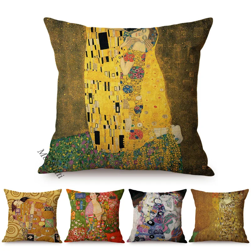 Vienna Impressionism Painter Gustav Klimt Golden Kiss Oil Painting Art Luxury Decoration Pillow Case Abstract Art Cushion Cover