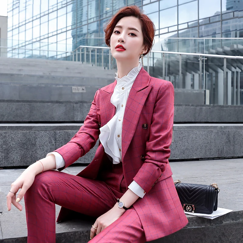 IZICFLY New Style Winter Spring Red Plaid 2 Piece Set Women Suit Blazer And Pants Office Business Set With Trouser Work Wear