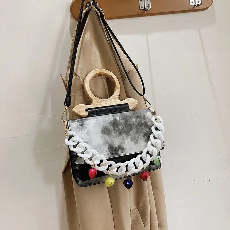 Женская сумочка с деревянной ручкой, дизайнерская роскошная сумка-мессенджер в стиле ретро с каменным узором и акриловой цепочкой на плечо,... от AliExpress WW