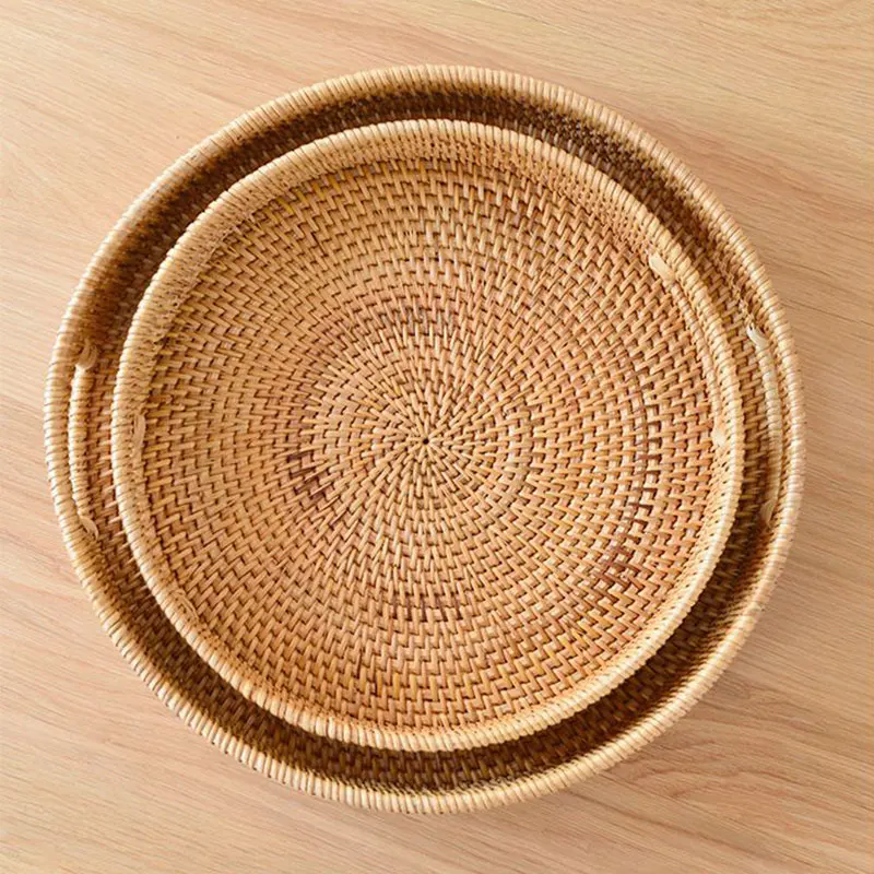 

Hand-Woven Rattan Storage Tray Round Basket Bread Fruit Storage Dessert Wicker Serving Tray Handmade Basket Display