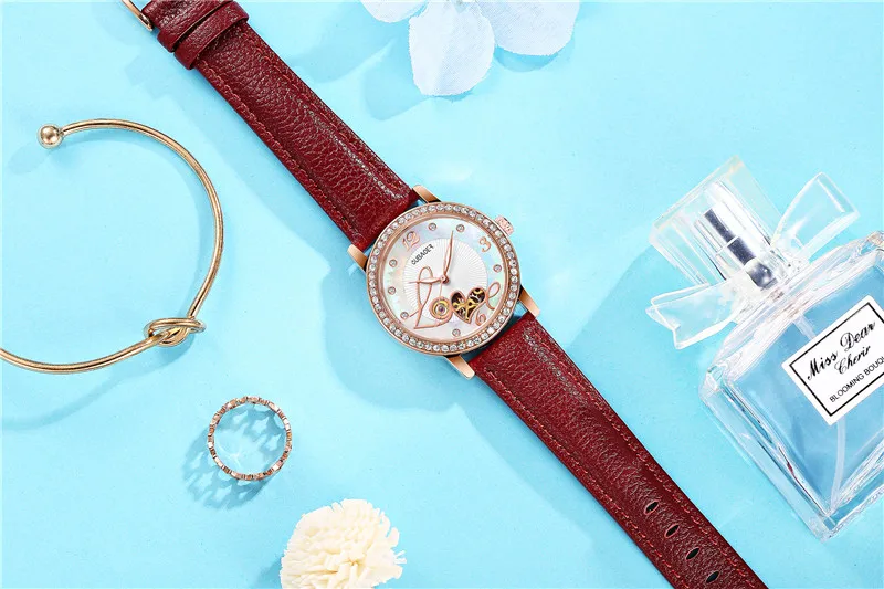 Relogio feminino, OUBAOER, автоматические механические часы для женщин, модные, стразы, полый дизайн, часы с кожаным ремешком, водонепроницаемые часы