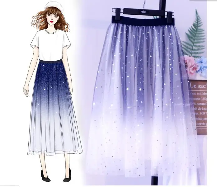 New Sweet Gradient Color Sequin Stars Mesh Skirts High Waist Elegant Skirt