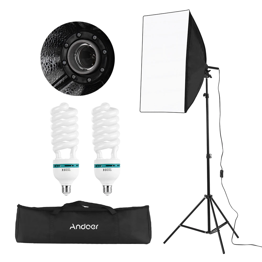 

IN CZ ES FR IT Andoer Studio Photography Light Kit Including 50*70cm Softbox1/150W 5500K Light Bulbs*2/2M Light Stand/ Carry Bag