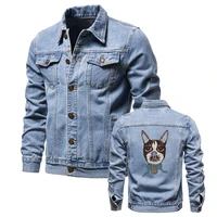 mens cotton denim quality jacket luxury brand dog print solid color men autumn slim fit lapel single breasted jeans jacket