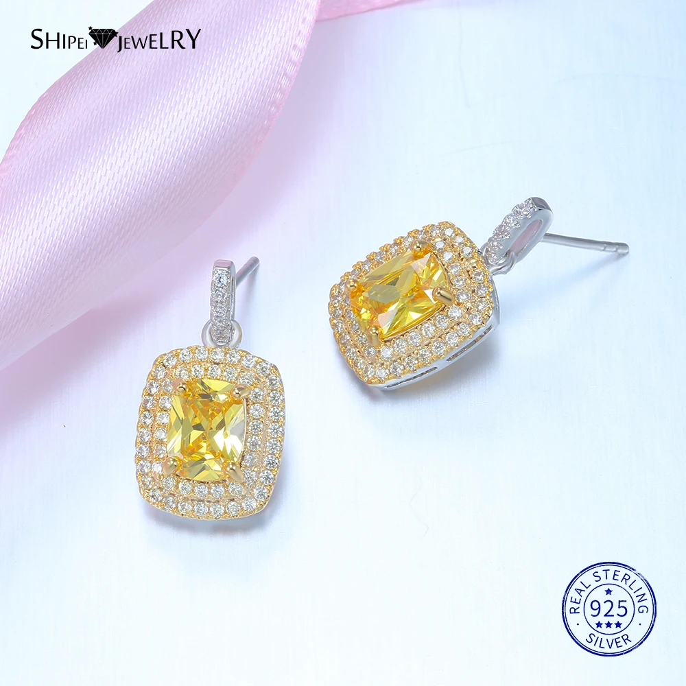 Shipei, 925 пробы, серебряные ювелирные изделия, набор, роскошный, желтый сапфир, квадратные висячие серьги, подвеска, ожерелье, кольцо для женщин