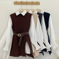 korean fashion women college winter autumn knitted sweater vest white blouse casual belt suit 2pcs set office lady outfits