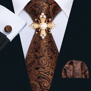 Мужской Шелковый галстук Barry.Wang, золотистый галстук с узором пейсли, комплект с платком и запонками, комплект с брошью, цветочный желтый галстук на шее, тканый Дизайнерский Костюм