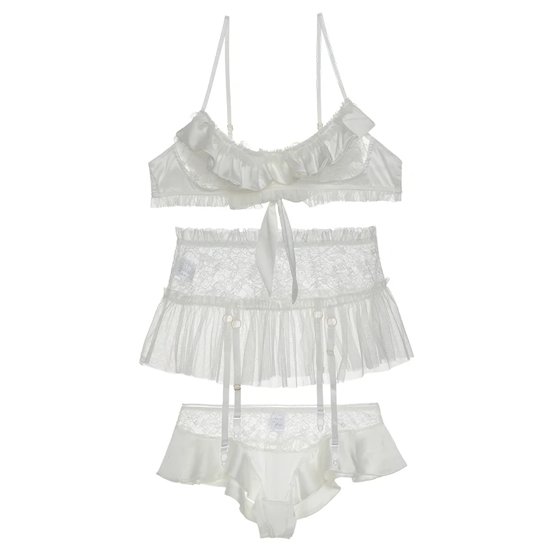 

Sexy Lingerie Lace Ruffles Wire Free Back Closure Bra and Panty with Garter Underwear Set Temptation Transparent Bra