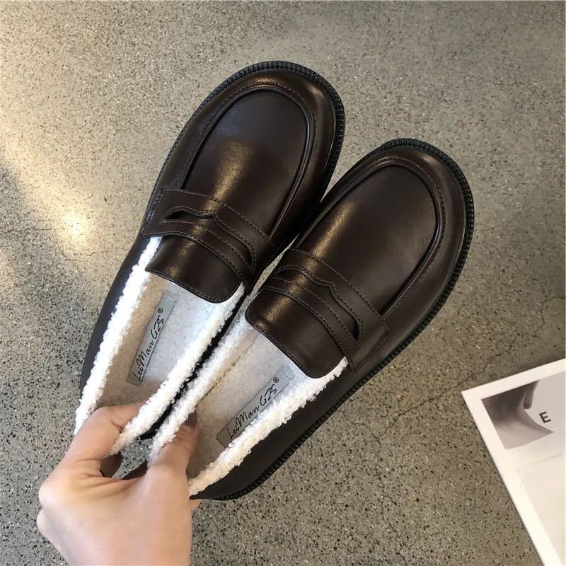

Shoes Woman Flats Autumn Loafers Fur British Style Casual Female Sneakers Oxfords Round Toe Clogs Platform Dress Fall New Preppy