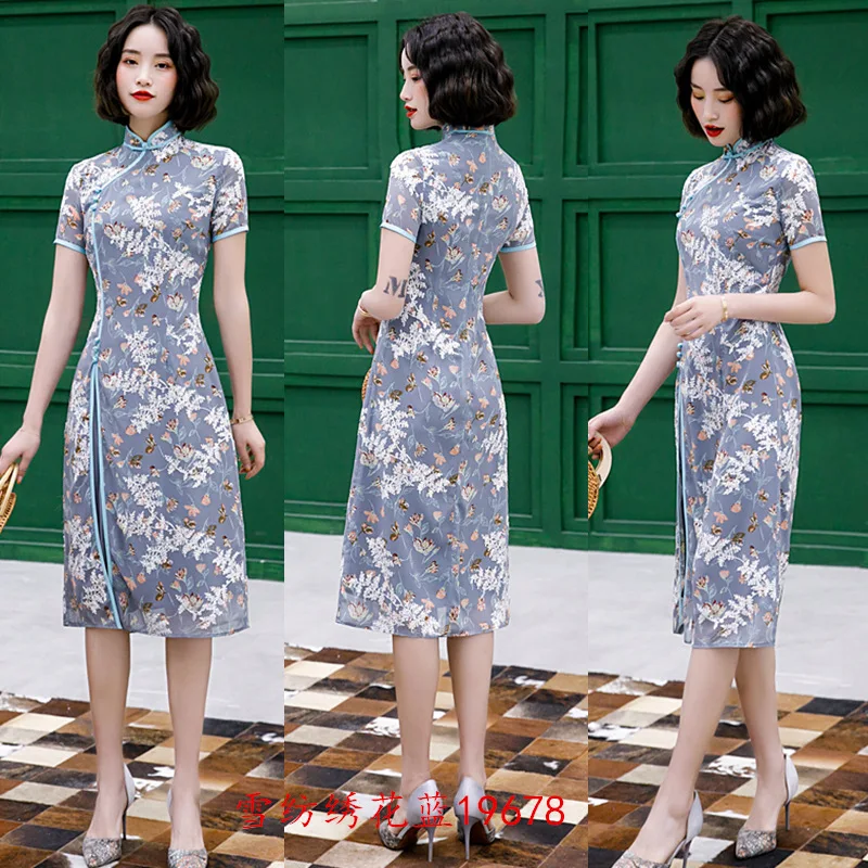 

Sexy Women Short Chiffon embroidery Qipao Chinese Dress Party Vintage Elegant Dress High Quality Improve Modern Cheongsam
