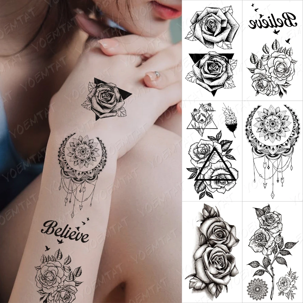 Водостойкая Временная тату наклейка пион роза цветок флэш мужская линия
