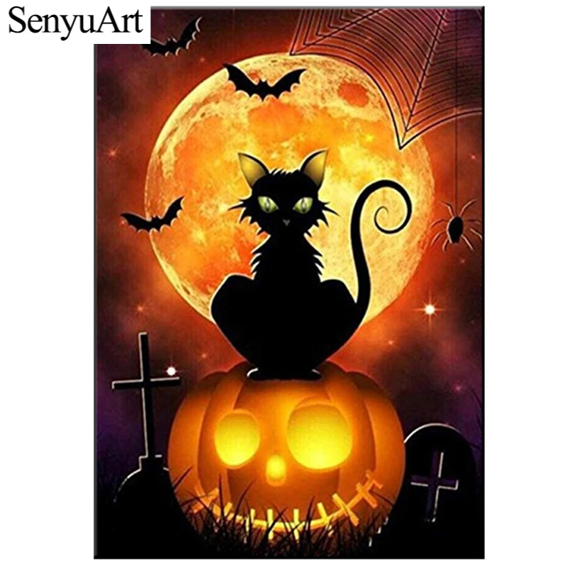 

Алмазная картина «сделай сам», круглая вышивка, мозаика, Хэллоуин, кошка, тыква, аксессуары для рисования, наборы для вышивки крестиком, дома...