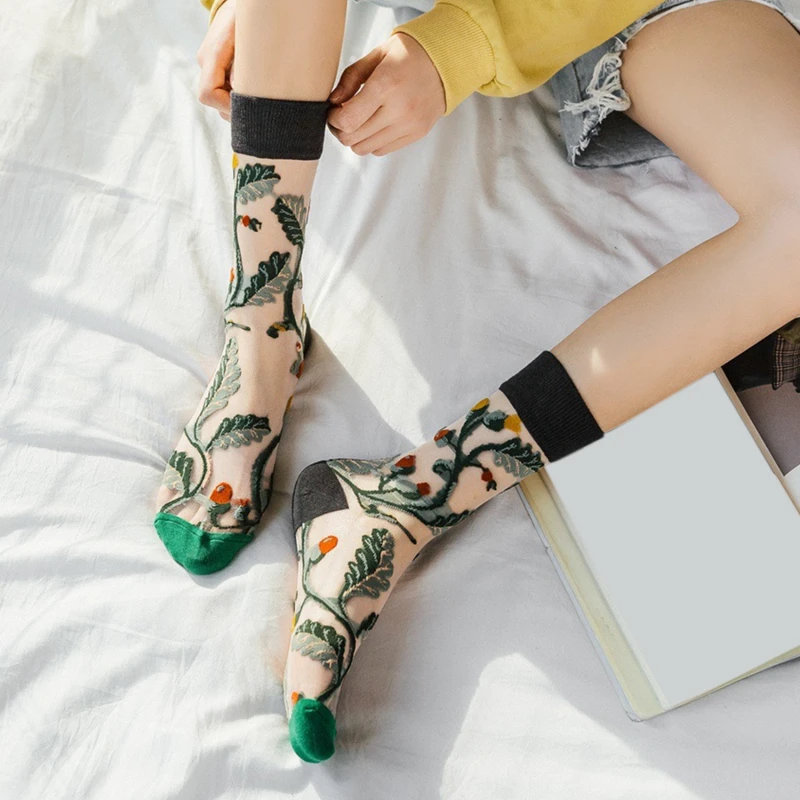 

Novelty Harajuku New Product Crystal Silk Tide Socks Funny Sunflowers Vines Flowers Happy Women Socks Casual High Quality Sox