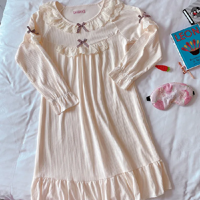 2021 Spring New Nightdress Women's Collar Pit Strip Long Sleeve Medium Length Solid Color Lovely Princess Dress Sexy Nightgown