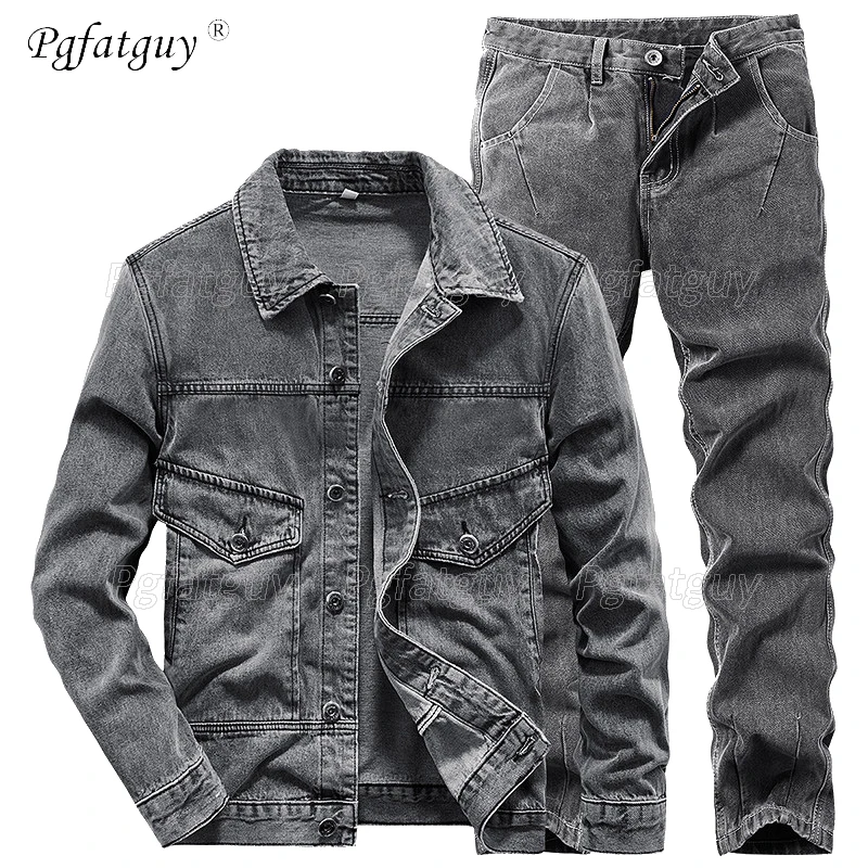 Куртка и брюки мужские из денима дымчато-серый топ штаны в стиле панк размера