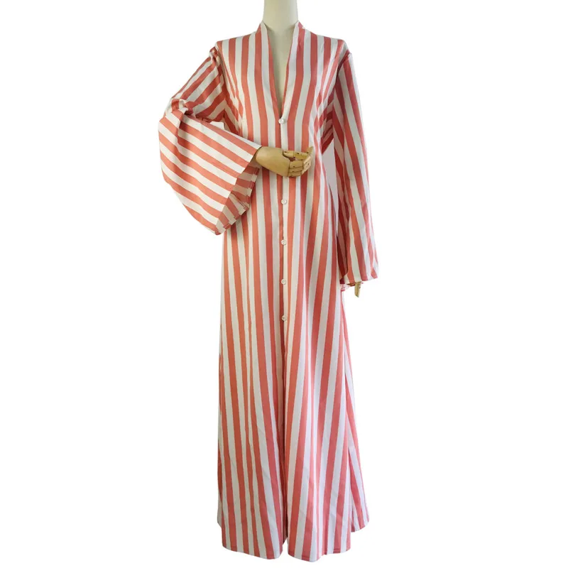 

Summer Maxi Dress Women 2021 Summer Fashion V Neck Single-Breasted Striped Long Sleeve Elegant Party Long Dress Beach Outfits