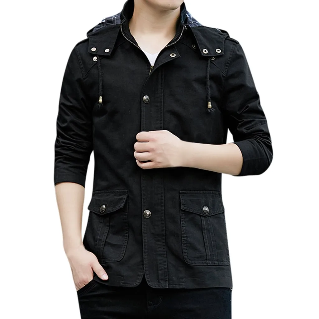 

Men's Autumn Winter Casual Hooded Coat Pure Color Jacket Button Outwear Hooded Jackets Men's Outwear Slim Fit Plus Size