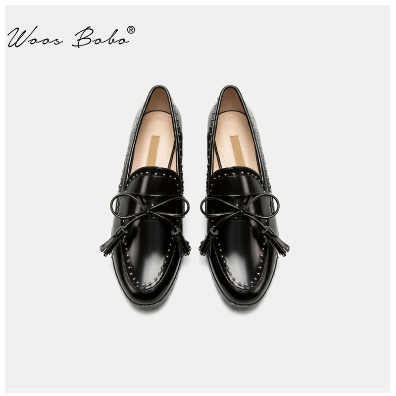 Лоферы Женская кожаная обувь в стиле ретро с кисточками и бантом Туфли на плоской