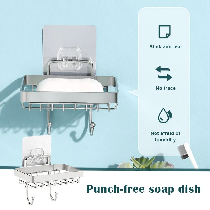 

New Soap Dish Holder Bathroom Self-adhesive Soap Dish Holder With Hooks Wall Mounted Drain Design Soap Holder Dropshipping