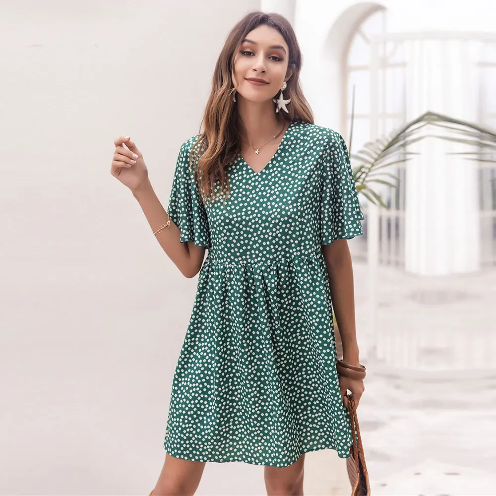 

2021 Spring Summer New Short Dress Women Casual V Neck Butterfly Sleeve A Line Print Party Dresses Ladies Green