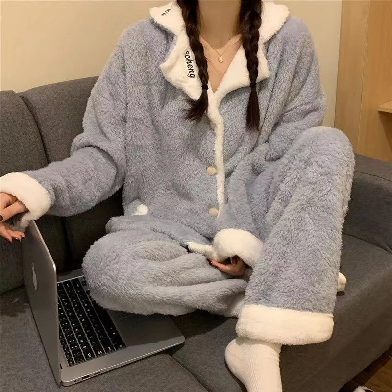 Women Autumn Winter Pyjamas Suits Thick Warm Flannel Sleepwear TurnDown Collar 2 Pieces/Sets Casual Loose Pajamas Sets