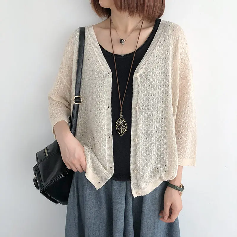 

Льняной вязаный кардиган, женская летняя свободная однотонная тонкая Солнцезащитная одежда с V-образным вырезом, кондиционерная рубашка, к...