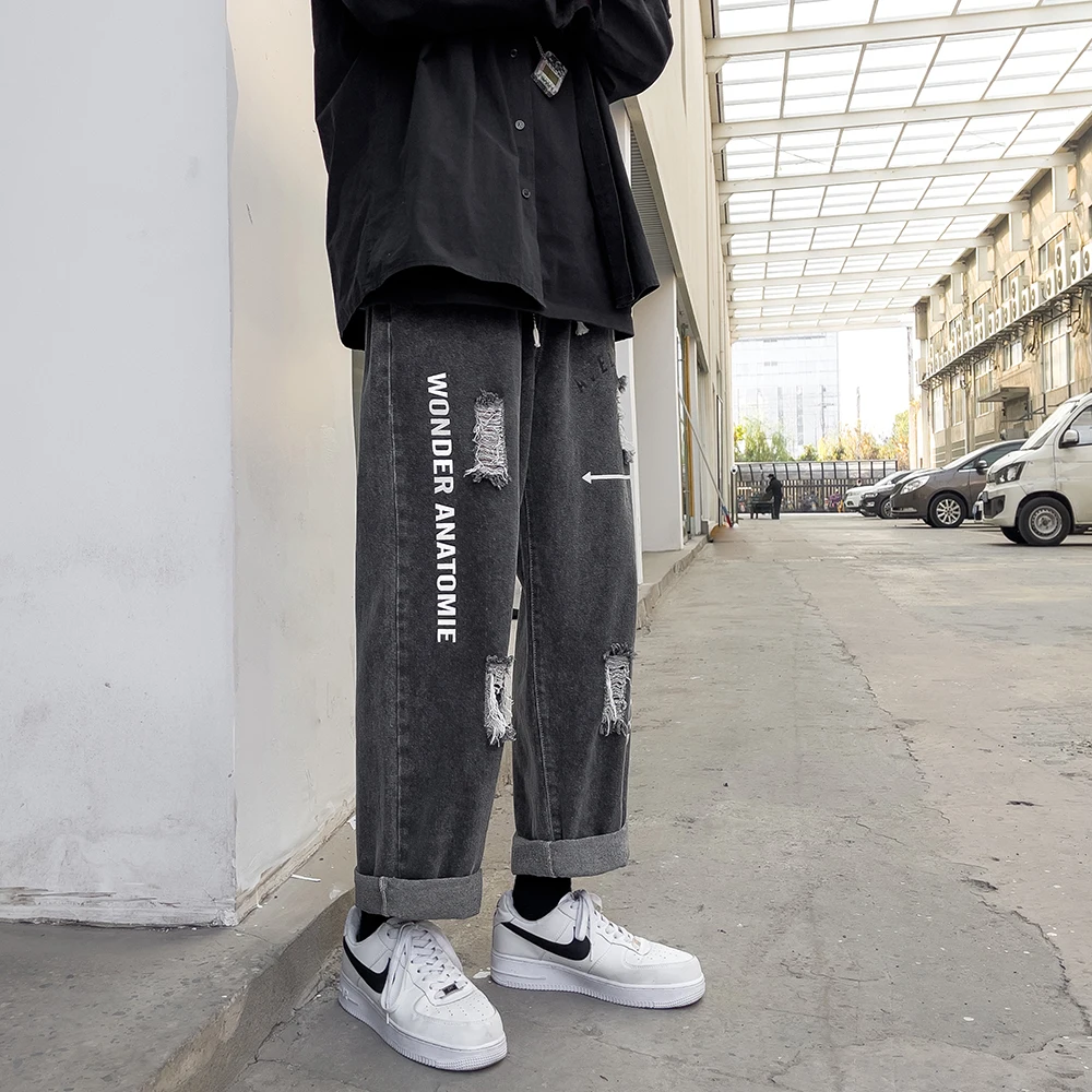 Oversized Wide Leg Jeans Pants for Men 2021 Fashion Trends Distressed Clothing Teens Ripped Hole Baggy Denim Trousers Streetwear