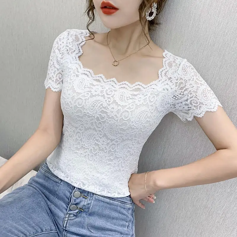 

Blouse Women Lace Top Women's Short-Sleeved Summer Square Collar Sexy Cutout Shirts Blusas Ropa De Mujer