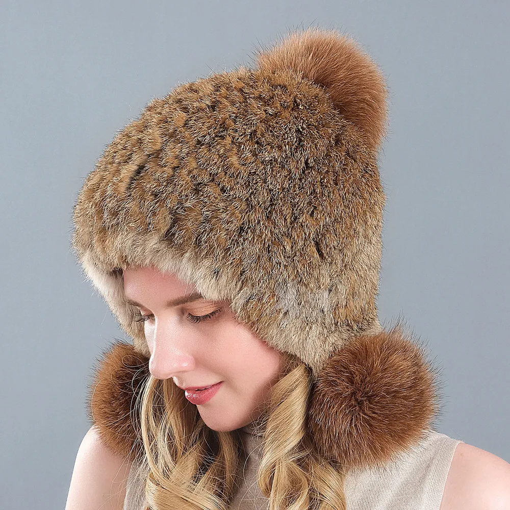 

11 Color Winter Rabbit Fox Fur Cap thickening Earmuff Big Plush Ball Sweet Keep warm Girls Hat Lady Temperament Winter Accessory