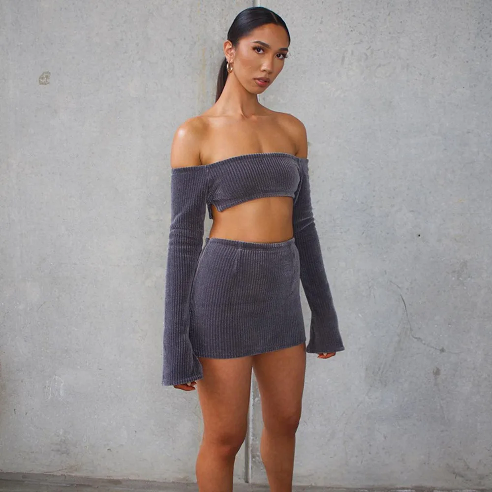 

Fashion Long-sleeved Corduroy 2 Piece Skirt Set Women Autumn Slash Neck Off Shoulder Crop Top Two-piece Suit Bodycon Club Outfit