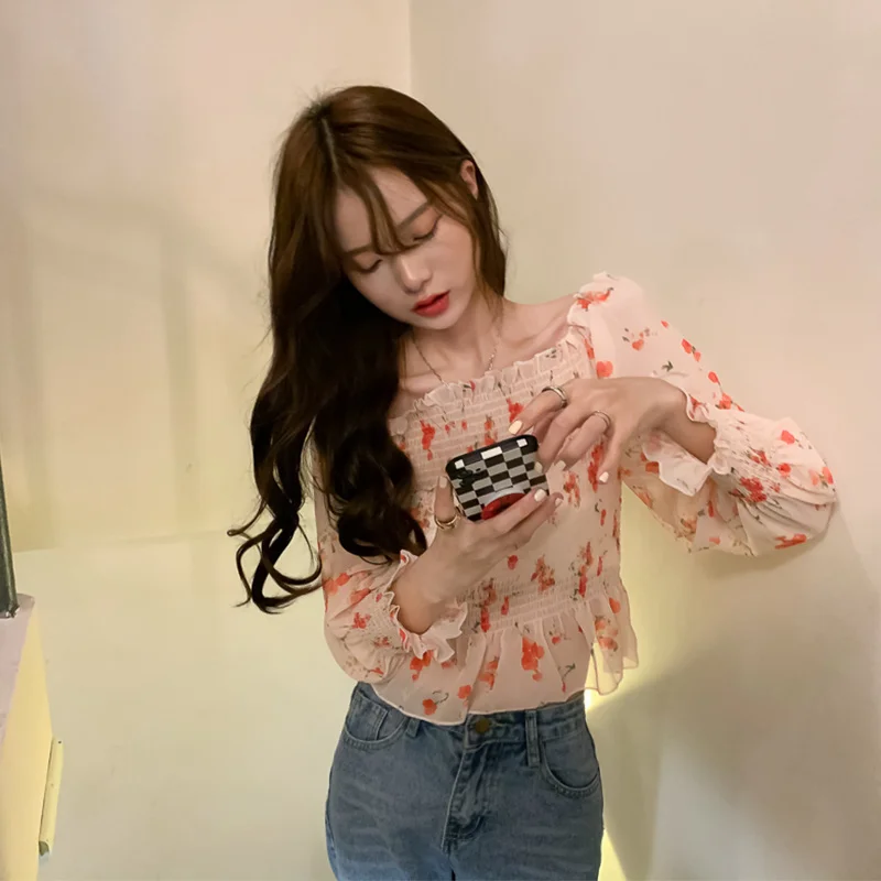 Женские шифоновые рубашки с длинным рукавом и цветочным принтом | Женская одежда