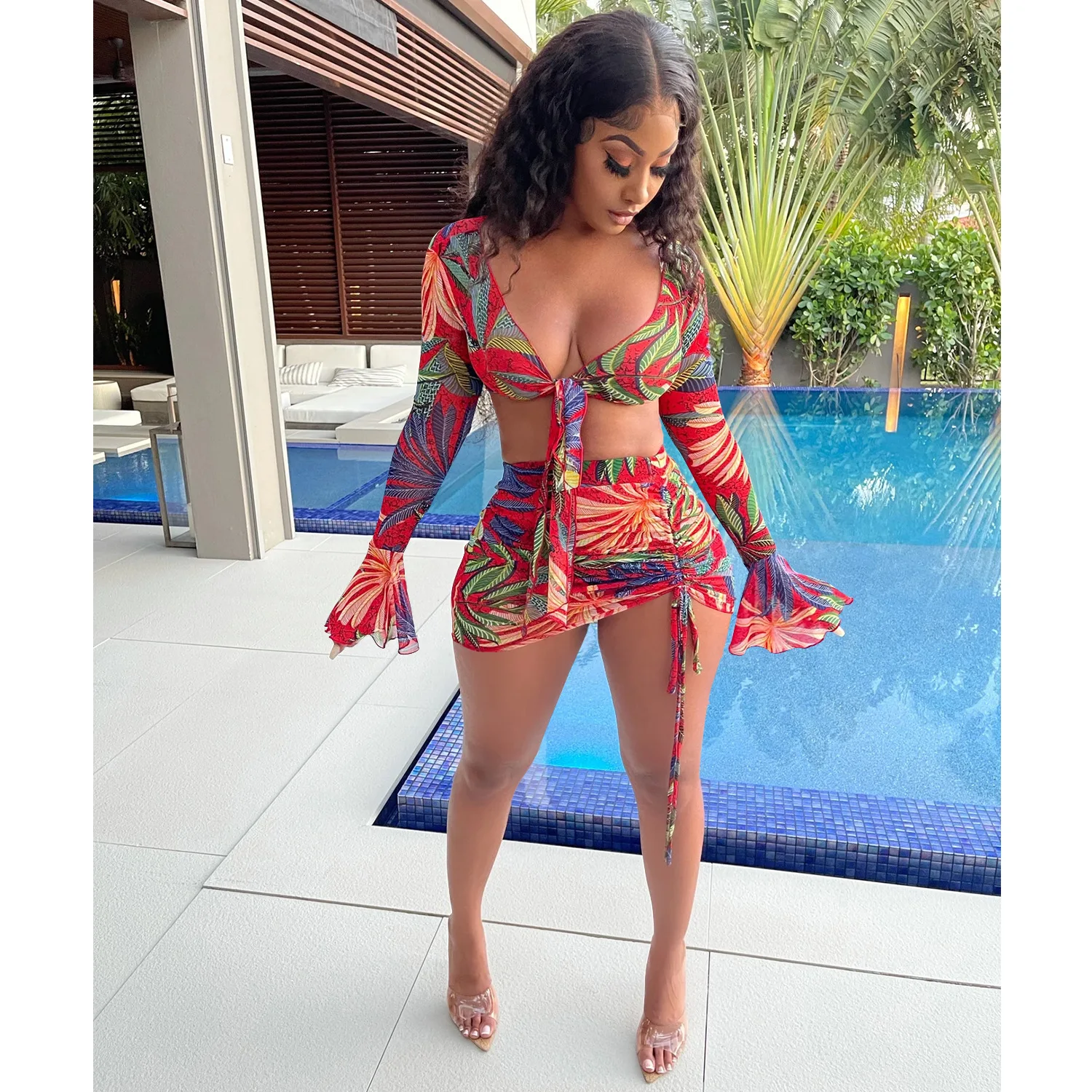 

SUJYing Summer Fashion Digital Printing V-Neck Bandage Long Sleeve Drawstring Skirt Two Piece Women's Set