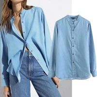 maxdutti style high shirt women blouse street vintage stand collar denim blusas mujer de moda 2021 enlgand and blouse women tops