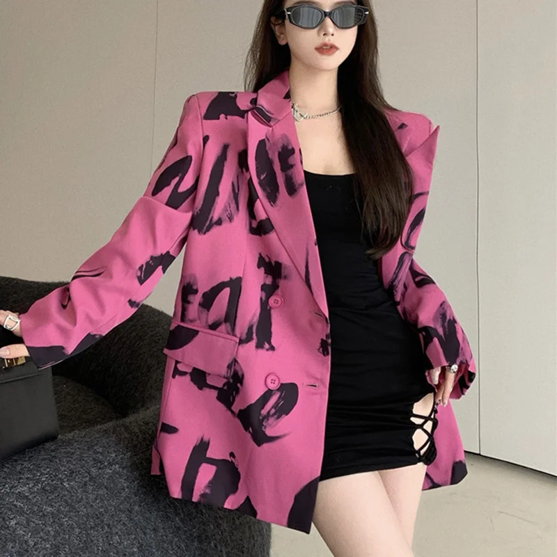 

Korea Chic Temperament Rose Red Blazer Women Autumn 2021 New Notched Loose Double Breasted Split Long Sleeve Suit Jacket