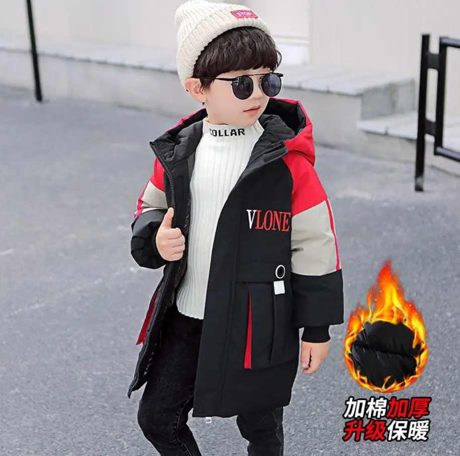 

Winter Polyester Fiber Jacket For Boy New 2021 Korean Version Thicken Fashion Hooded Coat Casual Patchwork Children's Clothing