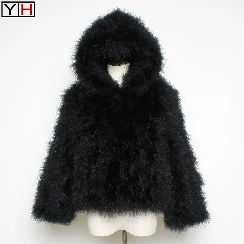 Женское пальто с капюшоном из страусиного меха Короткая Повседневная куртка 100%