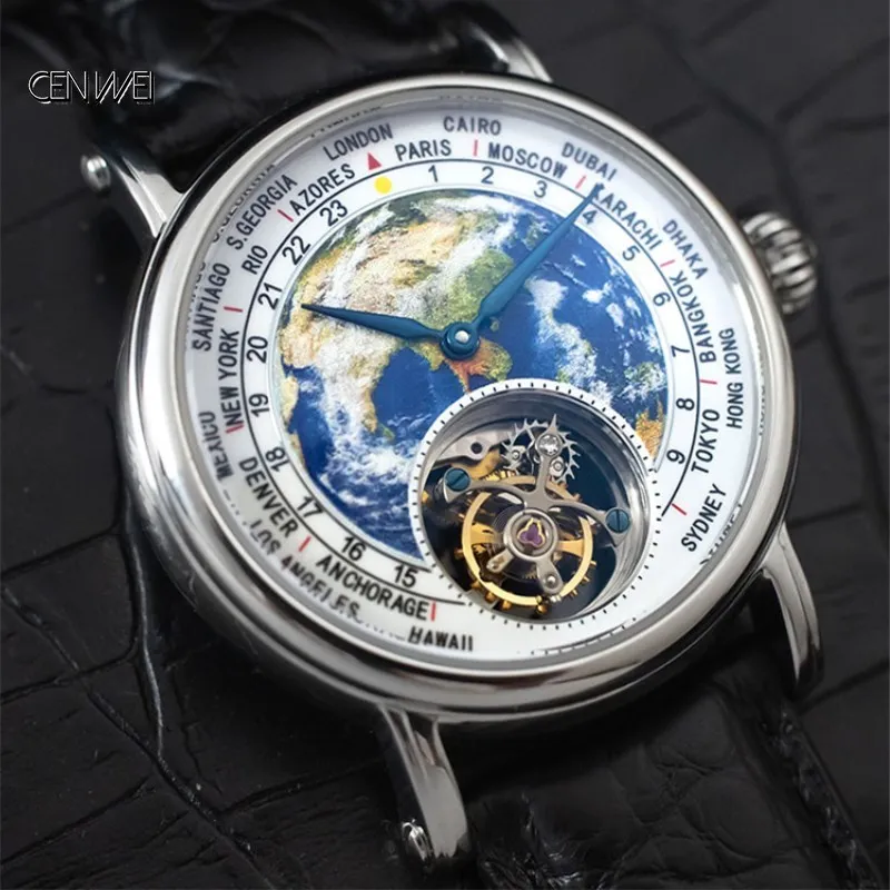 Часы мужские механические с эмалированным циферблатом и кожаным